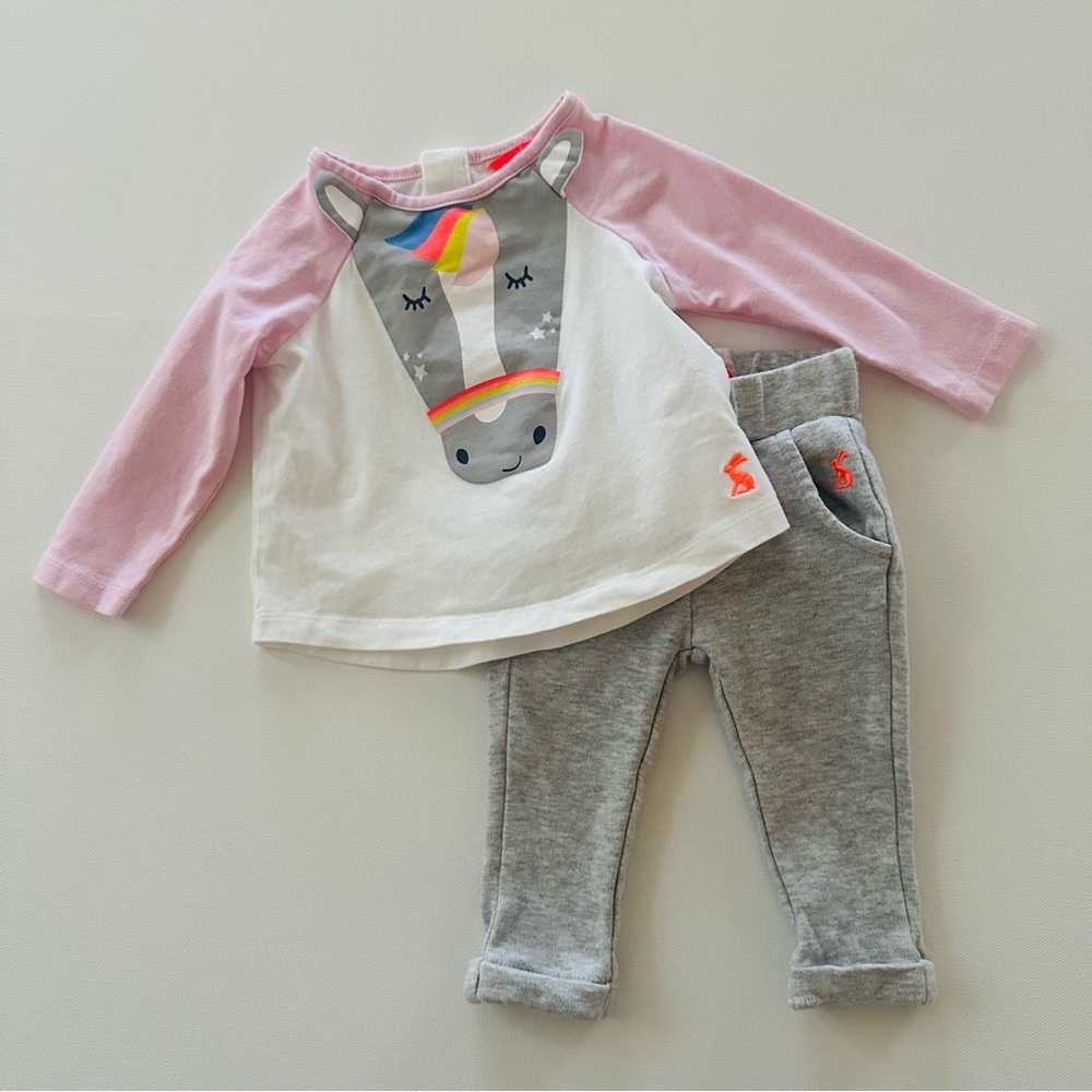 Joules 0-3 Months Baby Girl Horse Top Pants Set Outfit Pink Gray